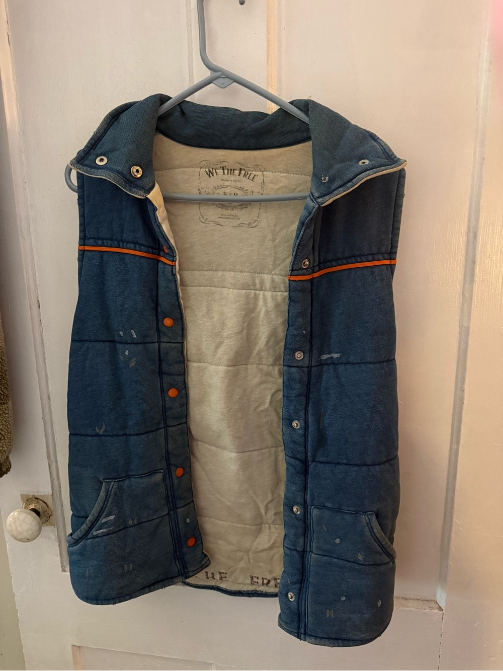 We The Free Blue Quilted Hooded Vest with Orange Piping